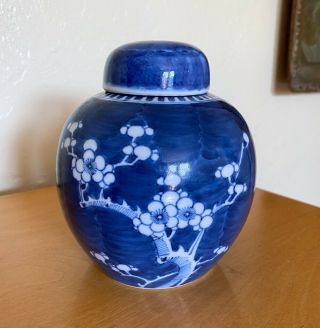 Antique Chinese Porcelain Lidded Ginger Jar Blue White Prunus Kangxi Marks Qing
