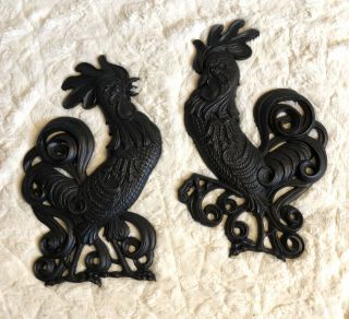 Set Of 2 Vintage Sexton Usa Cast Metal Roosters Mcm Wall Art Hanging Plaque