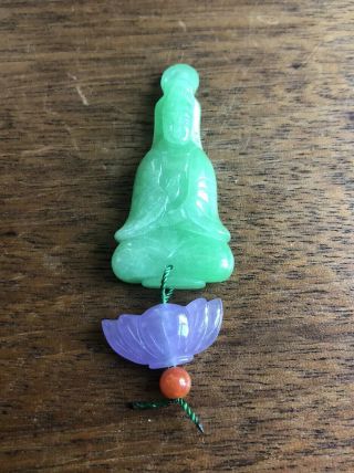 Vintage Old Stock Chinese Bright Green Purple Red Jade Buddha Pendant