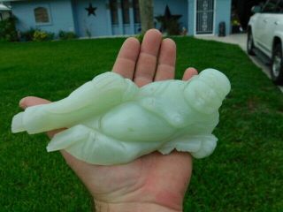 Vintage Chinese Antique Green Jade Laughing Dongling Buddha Figurine Statue 469g