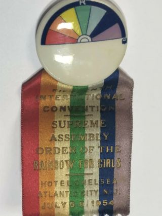 1954 Order Rainbow For Girls Pin Button Convention Ribbon Atlantic City Masonic