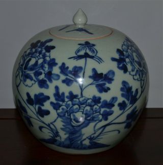 Old Or Antique Chinese Blue On Celadon Large Jar And Cover