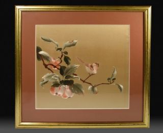 Stunning Vintage Japanese Embroidered Pictorial Silk Panel - Songbird & Fruits.