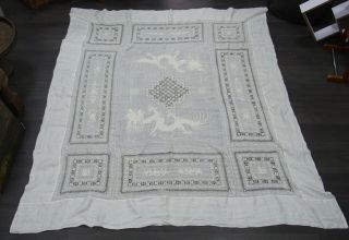 Large Fine Antique Chinese Embroidered Tablecloth - Dragons Chasing The Pearl
