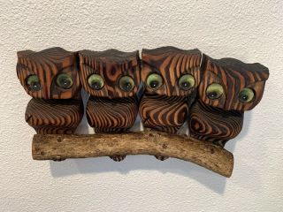Retro Vintage Mid Century Owls Family Art Hand Carved Wood Wall Hanging