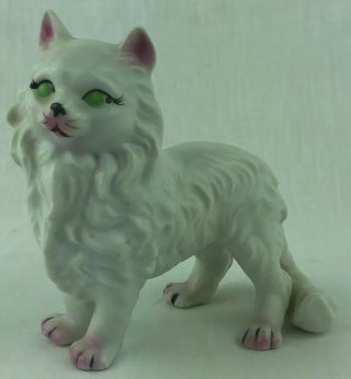 Vintage Japan Ardalt Hand Painted Cat Figurine White With Green Eyes 5”