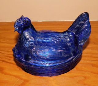 Vintage Cobalt Blue Glass Hen On A Nest Dish 6 " Chicken Collectible H4
