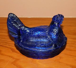 Vintage Cobalt Blue Glass Hen on a Nest Dish 6 