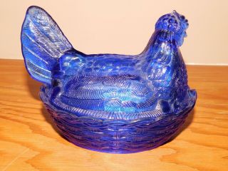 Vintage Cobalt Blue Glass Hen on a Nest Dish 6 