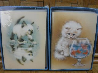 2 Boxes Of Blue Eyed Cat Note Cards Kitten Fish Bowl Siamese Fluffy 4.  75 " X 3.  5 "