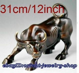 12inch Big Wall Street Old Bronze Fierce Bull Ox Statue Ancient Vintage