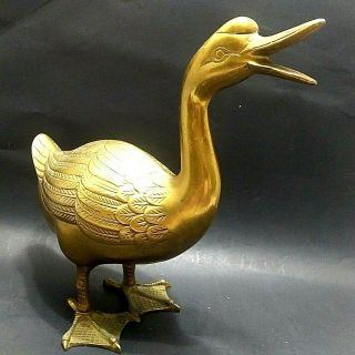 Large Vintage Brass Duck Goose Sturdy Heavy Statue Natural Aged Patina 11 " Tall
