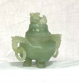 Chinese Jade Dragon Lion Statue Incense Burner.  Hand Carved Pale Green Jade