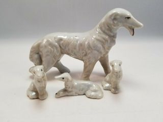 Vintage Porcelain Borzois Russian Greyhound Wolfhound 4 Pc Mother And Pups