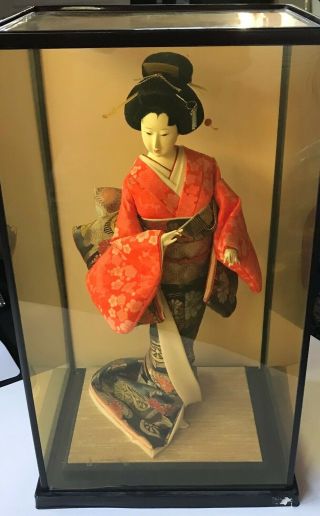 Vintage Japanese Geisha Doll In Kimono 18 " On Wooden Base In A Display Case
