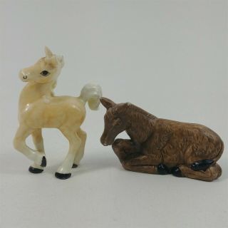 2 Vintage Porcelain Ceramic White Horse & Brown Donkey Figurines Collectibles