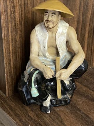 Vintage Asian Mud Men Statue Figurine 9 Inch Tall