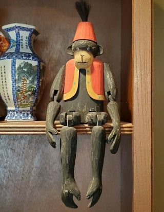 20 " - - Vintage Folk Art Hand Painted Carved Wood Monkey Shelf Sitter Puppet