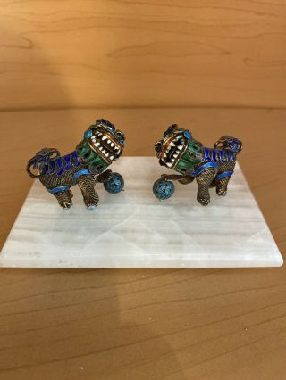 Two Antique Chinese Silver Filigree & Enamel Foo Dogs Figurines