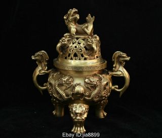 Marked Chinese Fengshui Bronze Brass Dragon Beast Statue Incense Burner Censer