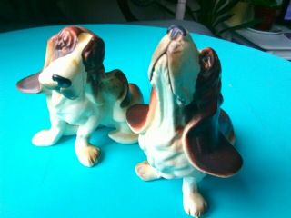 Vintage Norcrest Porcelain Basset Hound Dogs Salt Pepper Japan Rosco The Basset