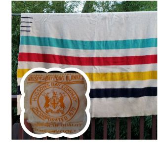 Vintage Hudson Bay 4 Point Wool Blanket Multi Stripe 66 " X 90 "