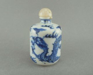 Antique Chinese 19th C Qing Dynasty Porcelain Snuff Bottle Blue Dragon Stone Lid