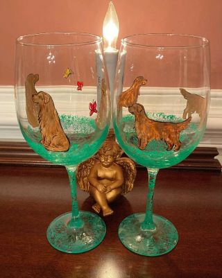 One Of A Kind Hand Painted Golden Retriever Wine Glasses (2),  20oz