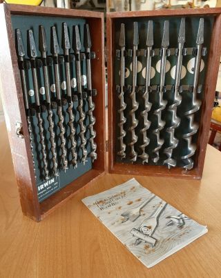 Vintage Irwin Auger Drill Bit Set In Wooden Box W Instructions