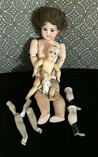 Vintage Antique Porcelain Bisque Head Dolls For Repair Or Parts