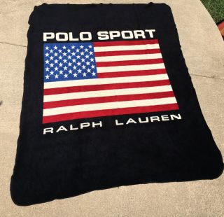 Vtg Ralph Lauren Polo Sport American Flag Throw Blanket Made In Usa Fleece 62x48