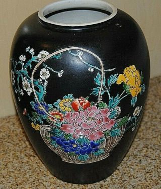 Black Tapering Ovoid Porcelain Chinese Vase with Basket Filled with Flowers 6 - A 2