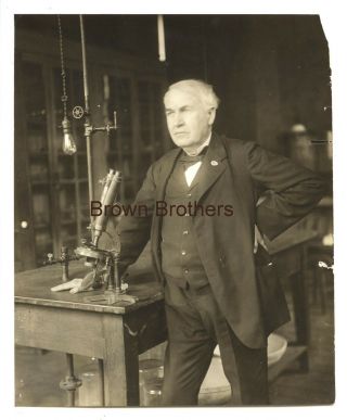 Vintage 1910s Thomas Edison W/his Microscope Invention Photo By Brown Bros