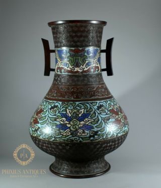 Large Antique Japanese Meiji Period Bronze & Cloisonne Vase
