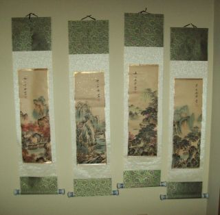 Chinese Scrolls 4 Seasons Hand Painted Ceramic Roller Ends 10 X 45 Inches