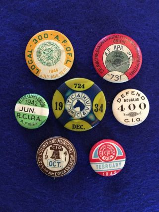 7 Vintage Labor Union Pins: Transport,  Teamsters,  Cio,  Retail Workers,  30s - 40s