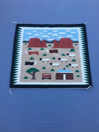 Vintage Navajo Native American Rug Textile Hand Woven Wall Hanging Cows Sheep