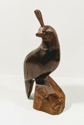 Carved Wooden Quail Bird Figure Statue Figurine Dark Wood Sculpture