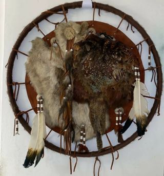 Vtg Large Dream Catcher Fur Wool Feathers Native American Indian Mandala 26.  5”