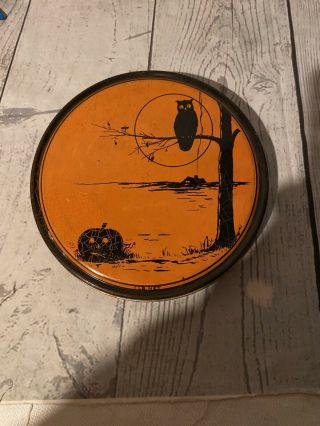 Vintage Canco Halloween Cookie Candy Tin Round Container Owl Jack O Lantern