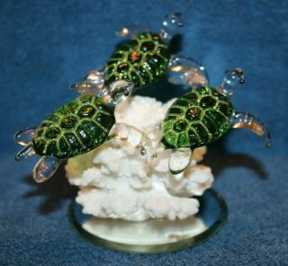 Green Sea Turtle Trio Glass Figurines Mounted On Real Coral