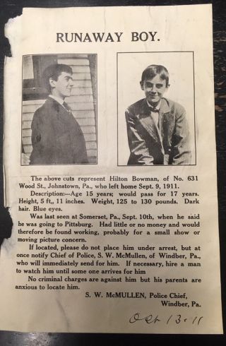 1911 Hilton Bowman Wanted Poster Johnstown Pa Mcmullen Police Windber Mug Shot