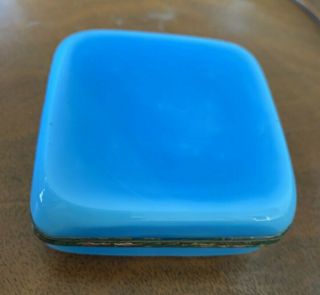 3 X 3 X 1 1/2 Blue Hinged Peking Glass Box With Colored Enamel Motif