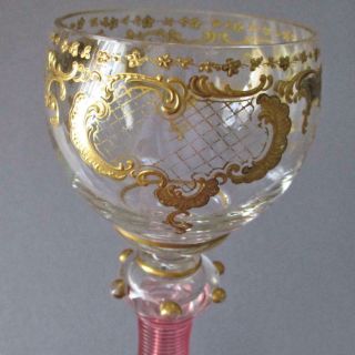 Vintage Bohemian Moser 8 " Wine Glass Ornate Gilt Paste Scrolls Pink Spiral Stem
