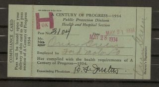 Ford Health Section Exhibitors Card,  1934 Century Of Progress World Fair Chicago