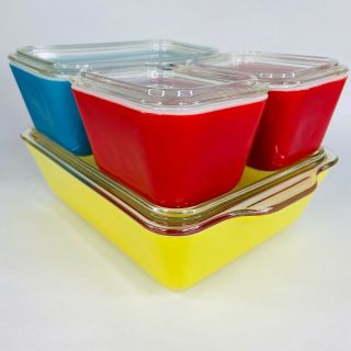 Vintage Pyrex 8 Piece Refrigerator Dish Set Primary Bright Colors With Lids