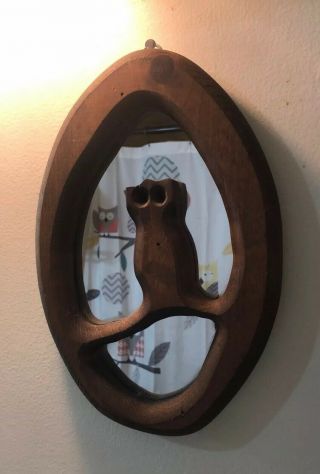 Mid Century Folk Art Hand Made Carved Wood Owl Wall Hanging Mirror Vintage