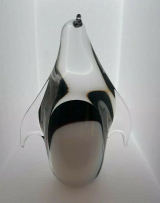 Penguin Figure Paper Weight 6 " Murano Style Glass Black Purple White Standing