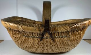 Antique Chinese Handwoven Willow Gathering Basket W/original Iron