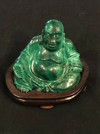 Antique Carved Malachite Laughing Happy Buddha On Wood Stand